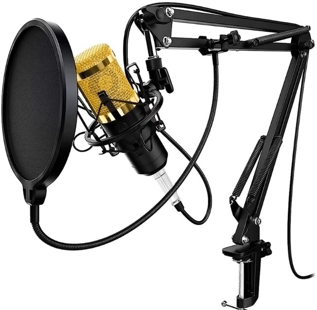 Kit de microfone condensador dourado com braço articulado e filtro pop
