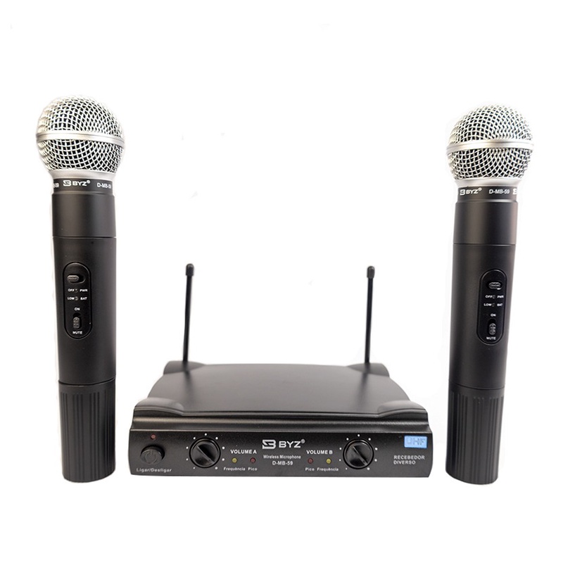 Kit com dois microfones sem fio UHF BYZ MB-59 e receptor